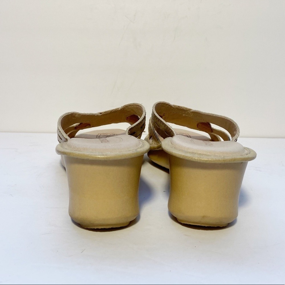 Fly Flot Wedge Sandals Womens 37 Beige Leather Metallic Whipstitch Mule Slip-on - Picture 5 of 10